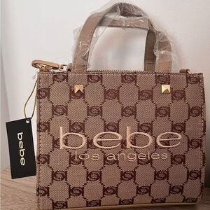 bebe Tallulah Beige Logo Mini Satchel with Gold Studs